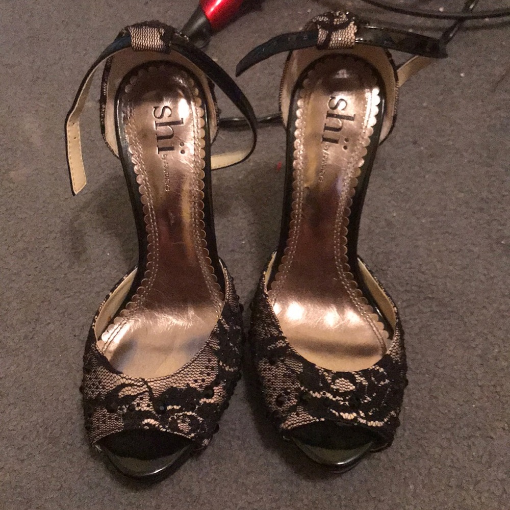 Formal lace and jeweled heels